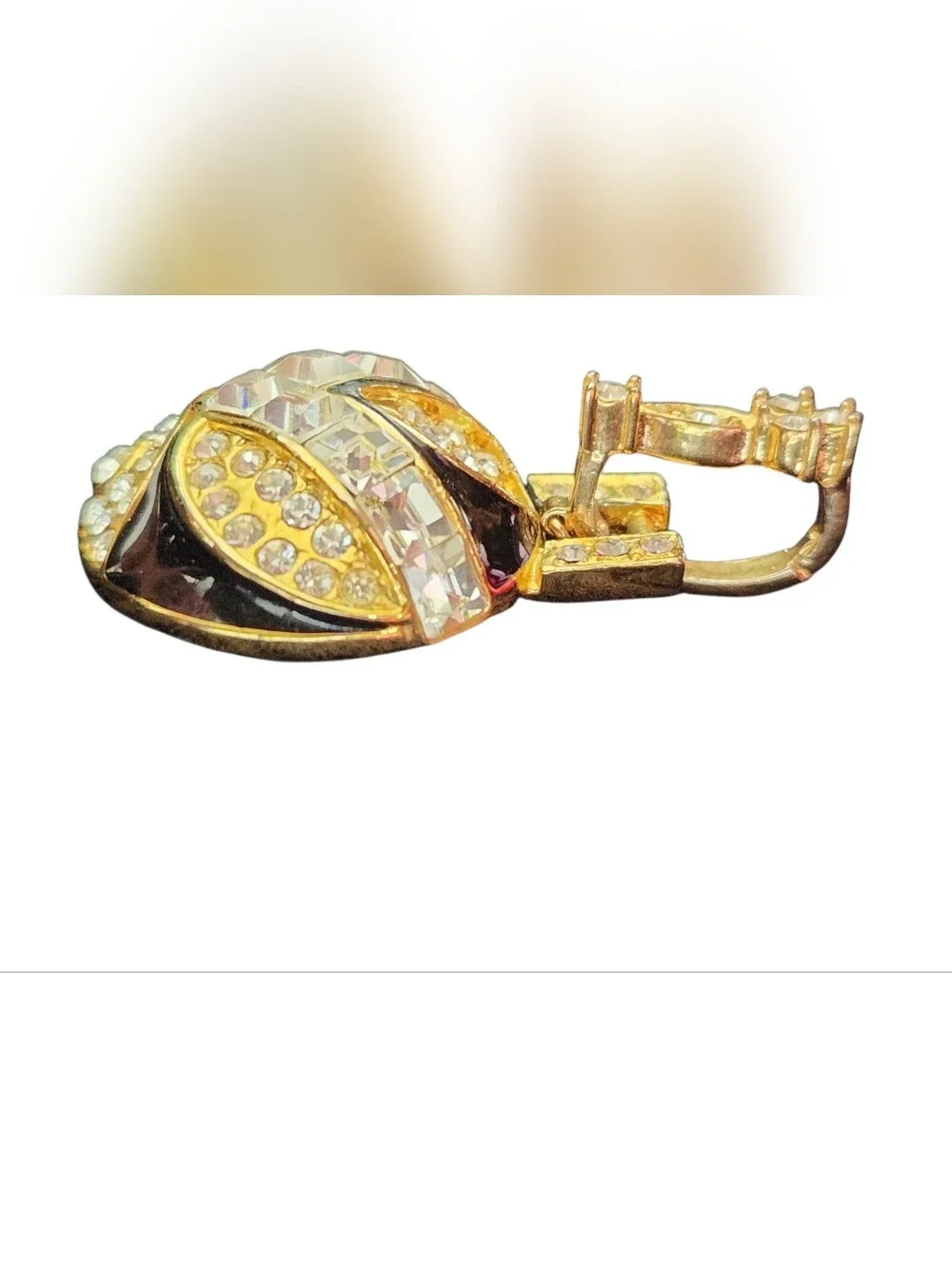 Vintage Crystal Orb Pendant Statement Gold Tone Black Enamel Half-Dome ✨️‎